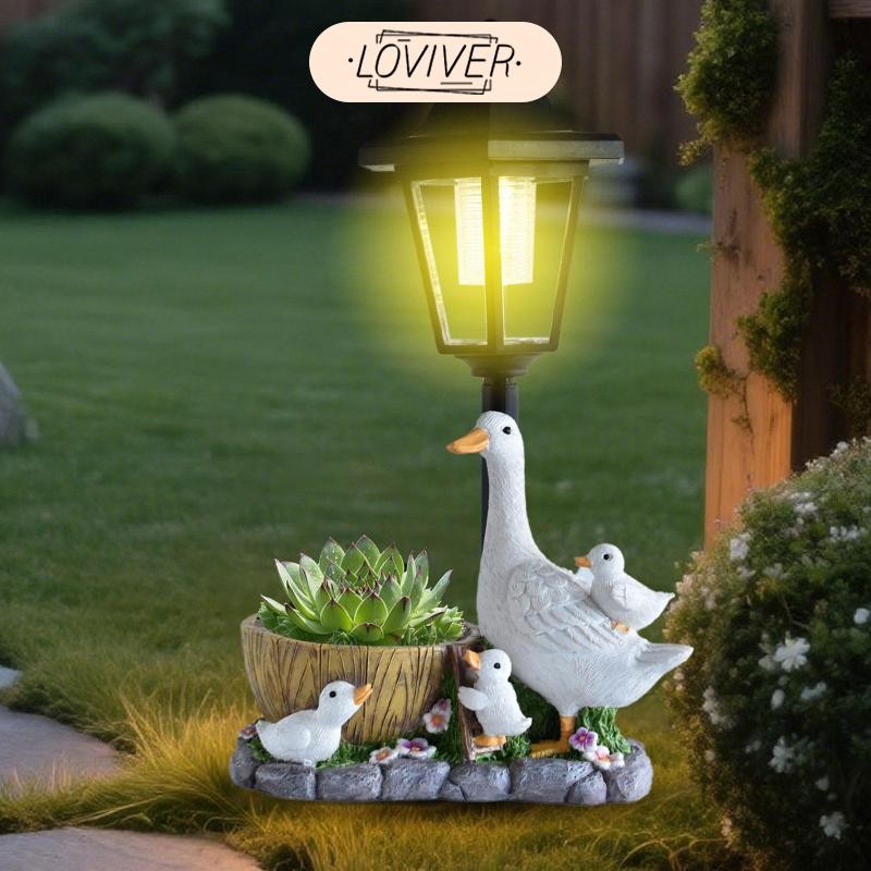 LOVIVER รูปปั้นสวนสําหรับใช้กลางแจ้งพร้อมไฟกลางแจ้งพลังงานแสงอาทิตย์กระถางดอกไม้สําหรับสนามหญ้ากลางแจ้ง