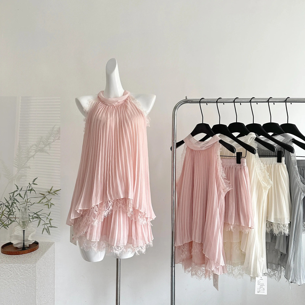 ผู้หญิง Coquette จีบชีฟอง Halter Top & กระโปรงชุดลูกไม้ Trim 2 ชิ้นชุดฤดูร้อน