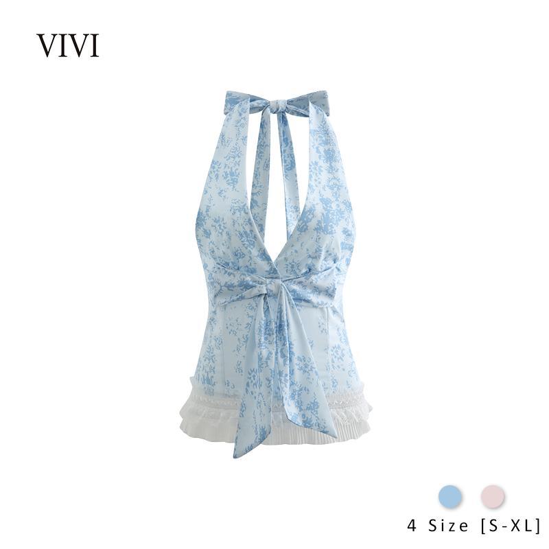 วิวิ สูงสุด คอผูกโบว์ พิมพ์ลาย แต่งลูกไม้ แนวหวาน สีฟ้าอ่อน สีชมพูอ่อน ไซส์ ส-เอ็กแอล ผ้าชีฟอง เสื้อผ้าผู้หญิง