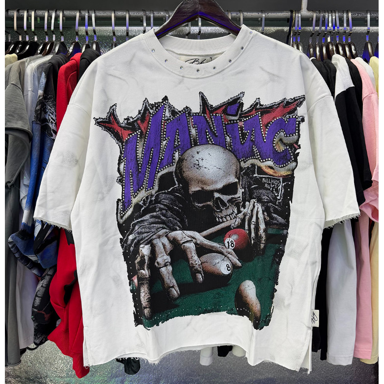 Real Shot Distressed Raw Edge แขนสั้น Hot Rhinestone Skull บิลเลียด Retro พิมพ์หลวมรอบคอครึ่ง @