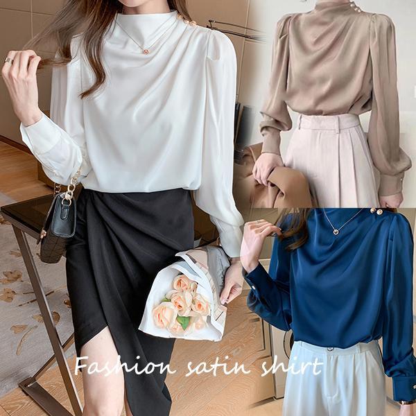 mimi-[สินค้าพร้อมส่ง]เสื้อเชิ้ตแขนยาวผ้าไหมสีขาวคอเต่า เสื้อเชิ้ตทำงาน คอปกตั้ง   สีพื้นเรียบ สำหรับผู้หญิง#99307