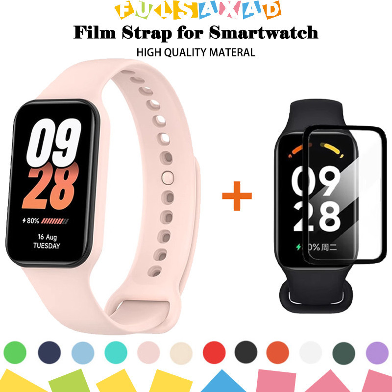 ฟิล์มแก้วนิรภัย + สายรัดกรณี for Xiaomi Mi Band 8 Active สายพานยางสายรัดข้อมือกระจกนิรภัยปกป้องหน้าจอ for Redmi Band 2