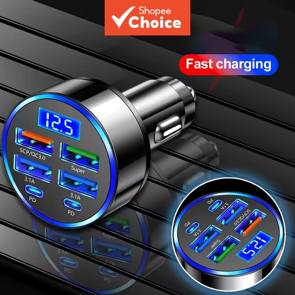 ที่ชาร์จรถยนต์แบบเร็ว PD QC3.0 หนึ่งถึงหกช่องเสียบ ชาร์จรถยนต์แบบแฟลช พร้อมจอแสดงผลดิจิทัล