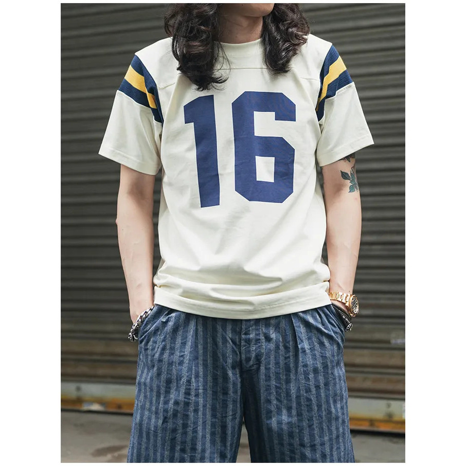Non Retro Football Tee Shirt Contrasting Rib-Knit Armhole Cotton Short Sleeve Rugby T-Shirt