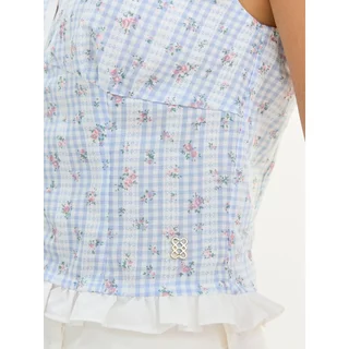 [Pomelo] เสื้อเบลาซ์คอกว้างลายดอกไม้แต่งขอบระบาย / Ruffle Trim Gingham Floral Blouse
