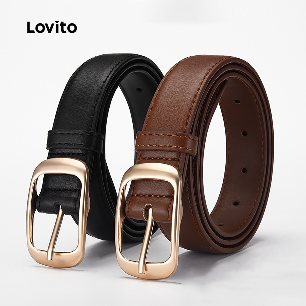 Lovito แคชชวล เข็มขัดหนังโลหะสำหรับทุกฤดูกาล สีดำ สำหรับผู้หญิง LFA83217
