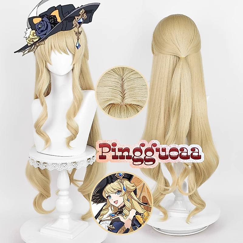 【Manmei】Genshin Impact Fontaine Navia Cosplay Wig 95cm Long Curly Linen Gold Heat Resistant Syntheti