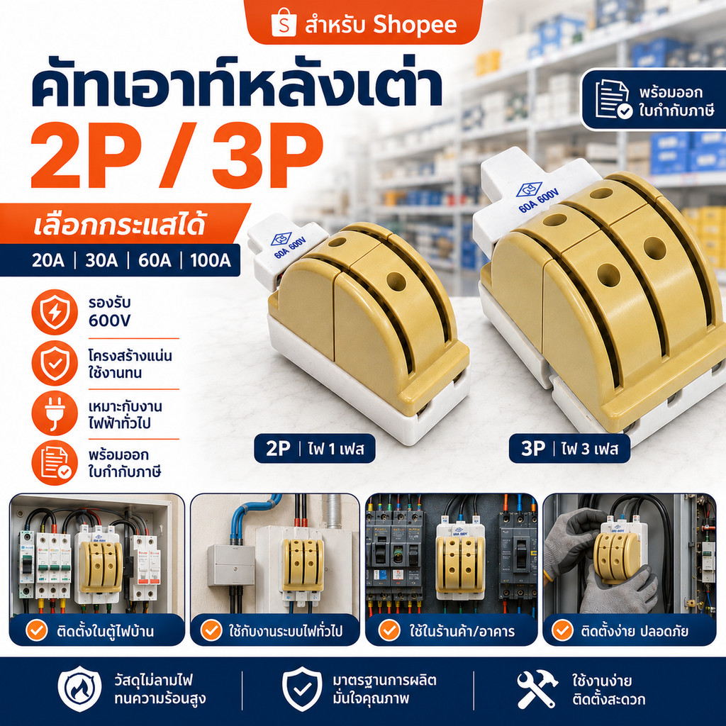CS คัทเอาท์หลังเต่า 2P/3P 20A 30A 60A 100A 600V สะพานไฟ คัทเอาท์ไฟฟ้า เครื่องตัดวงจร สำหรับบ้าน อาคาร งานช่างไฟ