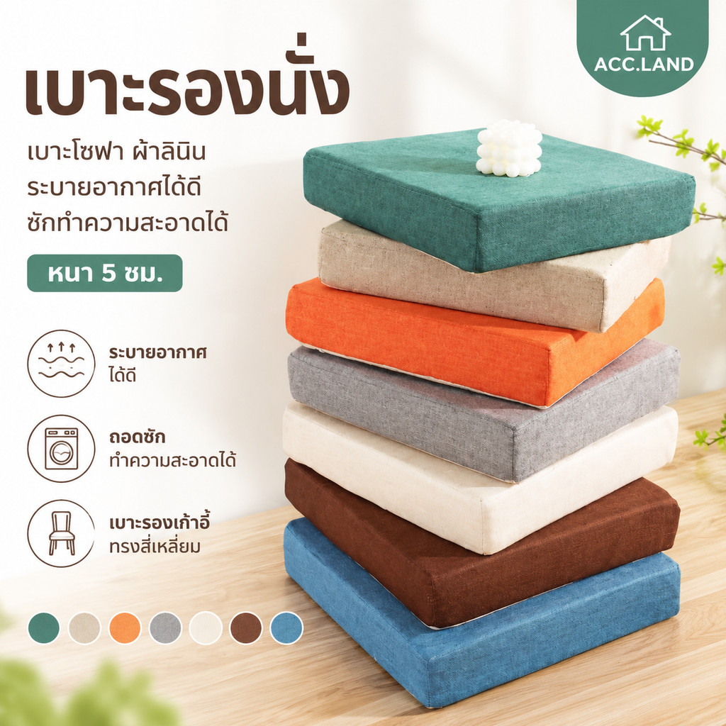 [พร้อมส่ง] เบาะรองนั่ง เบาะโซฟา ผ้าลินิน ระบายอากาศได้ดี ซักทําความสะอาดได้ เบาะรองเก้าอี้ ทรงสี่เหลี่ยม หนา 5ซม.