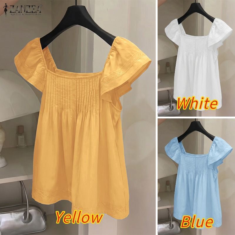 ZANZEA เสื้อสตรีสไตล์เกาหลีทุกวันสีทึบทอ A-Line Ruffles คอเหลี่ยมถัง — صورة 3