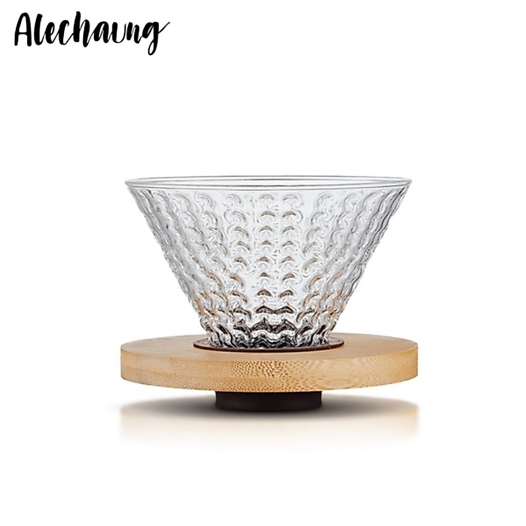 ดริปเปอร์แก้ว ดริปเปอร์แก้วฐานไม้ Glass Coffee Dripper พร้อมฐานไม้ ทนต่ออุณหภูมิสูง และน้ำหนักเบา Alechaung coffee