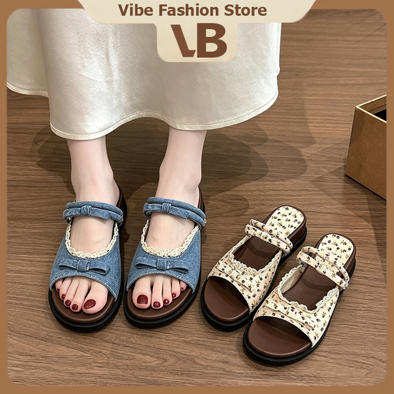Vibe รองเท้าแตะผู้หญิง 4cm ตกแต่งโบว์น่ารัก สไตล์เกาหลี นุ่มสบาย เหมือนเดินบนเมฆ กันลื่น
