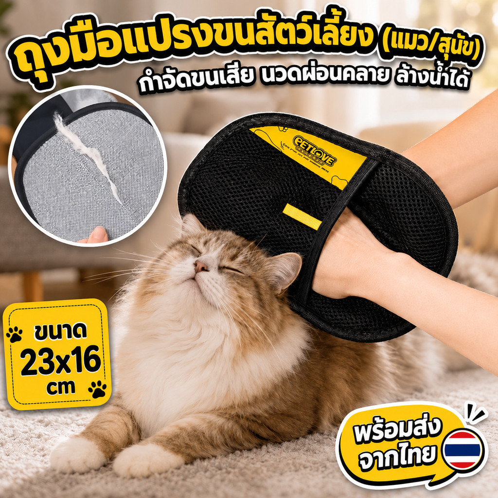 ถุงมือแปรงขนสัตว์เลี้ยง กำจัดขนแมวขนสุนัข นวดผ่อนคลาย เก็บขนง่าย ล้างน้ำได้ ถุงมือหวีขน พร้อมส่ง