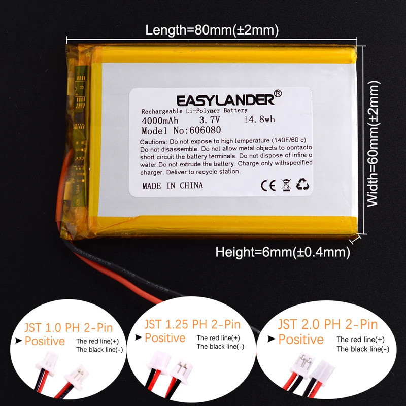 ปลั๊กหลากหลาย 3.7V 4000mAh 606080 แบตเตอรี่ลิเธียมไอออนโพลีเมอร์ / Li-Ion