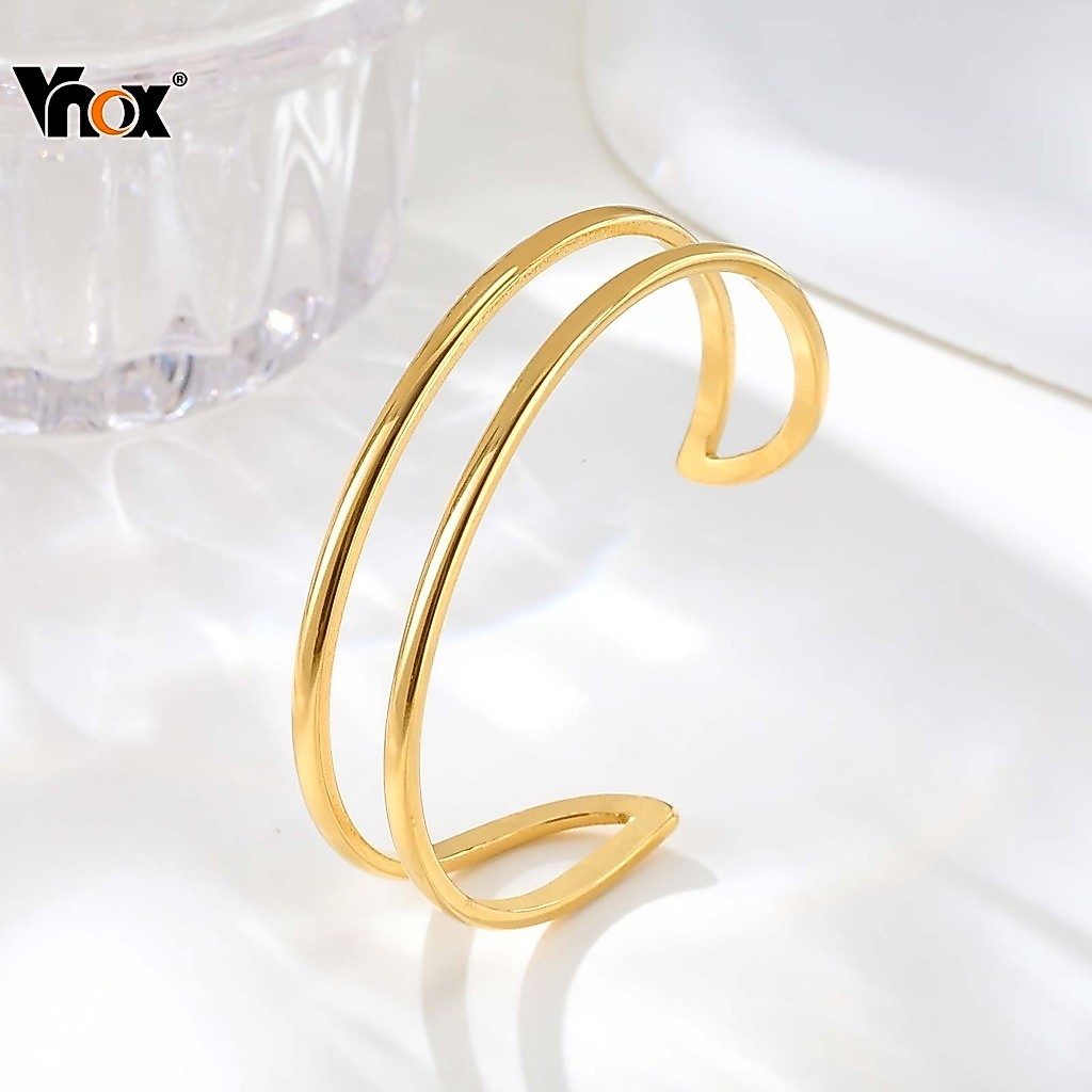 Vnox Simple Double-Layer Geometric Bnagle สําหรับผู้หญิง,สแตนเลสโลหะกันน้ํากําไลข้อมือเครื่องประดับปาร์ตี้