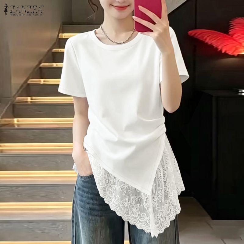 ZANZEA แขนสั้นคอกลมลําลองเกาหลีสําหรับผู้หญิงพร้อมเสื้อเฮ็มไม่สมมาตร — صورة 4