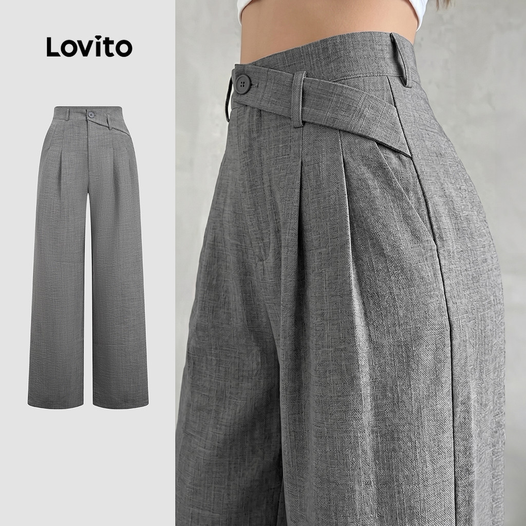 Lovito  กางเกงลําลองผู้หญิง สีเทา แบบจีบกระดุม และซิป สําหรับฤดูใบไม้ผลิ/ฤดูร้อน LK4AD226