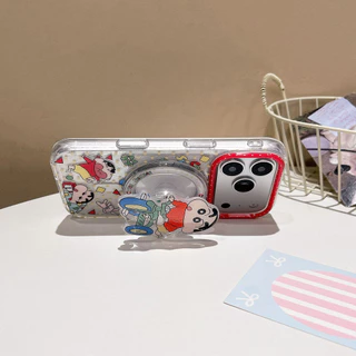 Crayon Shin-chan Magnetic Chain Stand Case,ฝาครอบซิลิโคนสองชั้นสําหรับiPhone 14/15/16/17 Pro & Pro Max,ผู้หญิงสไตล์การ์ตูน
