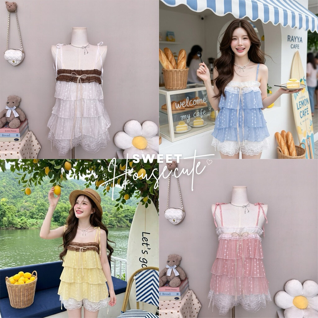 🧸 SweetHouse #739 🌻 เสื้อสายเดี่ยวผูกบ่าระบาย 3 ชั้น (ผ้า Rossy ผ้าบาง) + กางเกงระบาย 3 ชัันผ้าลูกไม้ สวยน่ารักมาก