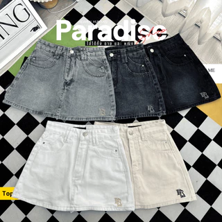Paradise | กระโปรงยีนส์ขาสั้น ปักโลโก้ ดีไซน์น่ารัก สวยมินิมอล เอวสูง ทรงสวย ใส่สบาย แมทช์ง่าย ลุคเกาหลี ลุคคาเฟ่