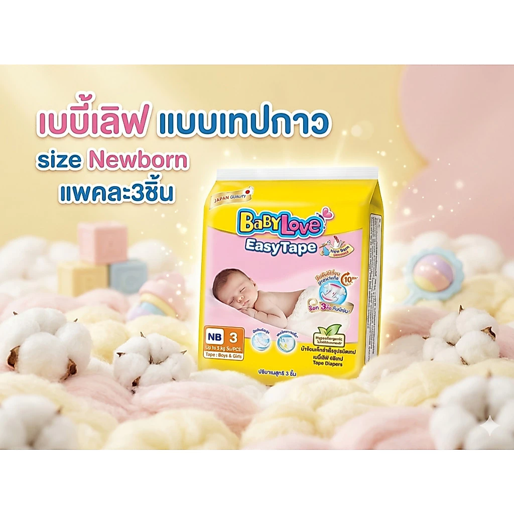 BabyLove Easy Tape เบบี้เลิฟเทปกาว size NB (แรกเกิด ถึง 5 กก.) แพคละ3ชิ้น
