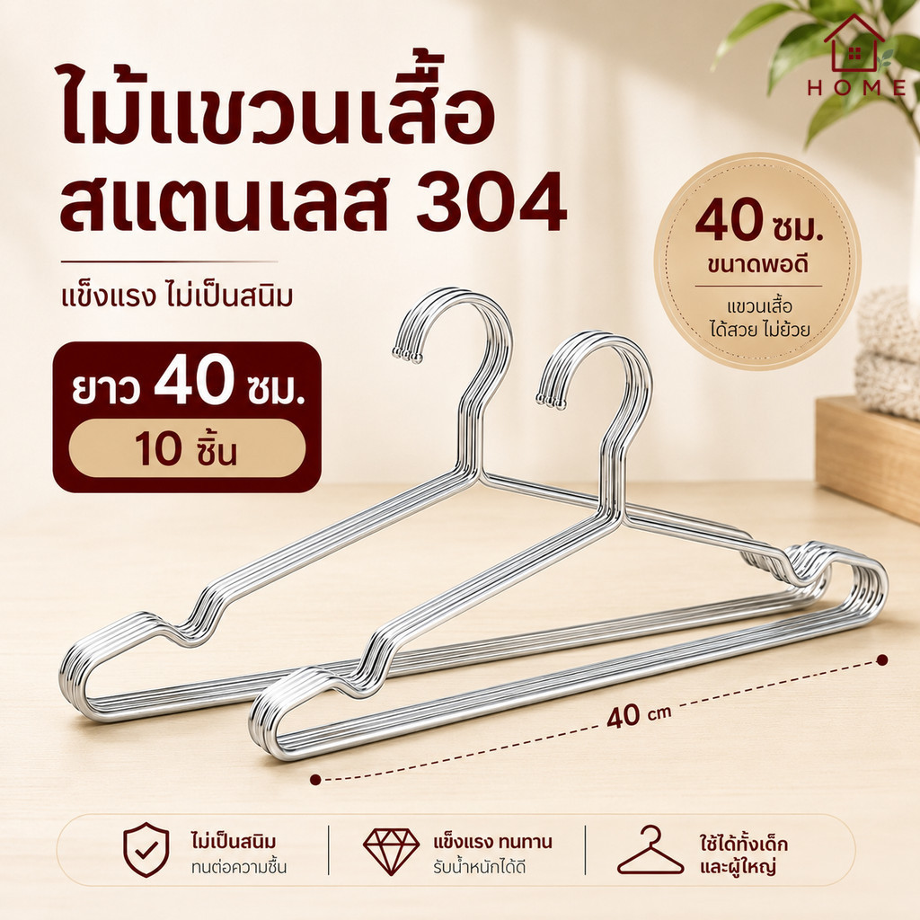 Home007 ไม้แขวนเสื้อ ราวแขวนเสื้อ สแตนเลสอย่างดี ยาว40cm แพ็ค 10ชิ้น ไม้แขวนสแตนเลส ไม้แขวนเสื้อเด็ก ไม้แขวนผ้า