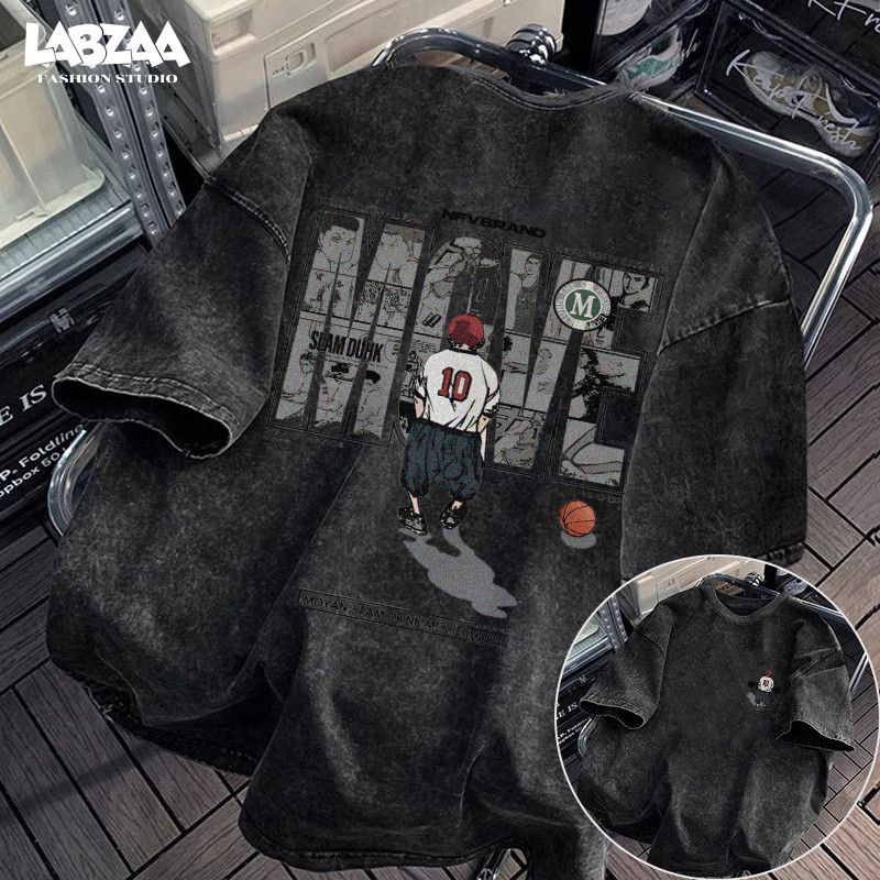 เสื้อยืด oversize⚡ลายเด็กผู้ชายกับลูกบาสเกตบอล วินเทจฟอกน้ำ ใส่สบาย ไม่ต้องรีด แนวสตรีทแฟชั่น YG881