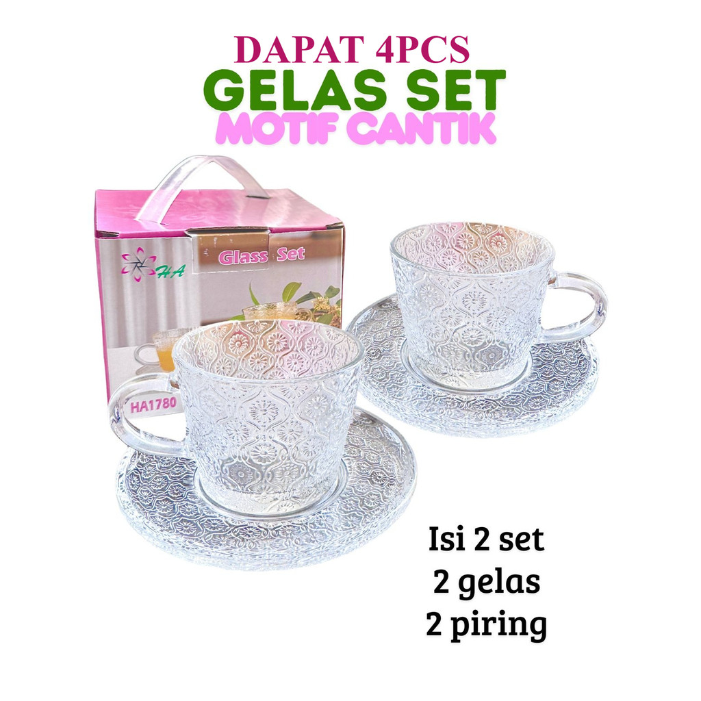 CANGKIR PIRING KACA CLASSIC ISI 4PCS | GELAS KOPI PIRING KACA | CANGKIR COFFEE GLASS SET / CANGKIR M