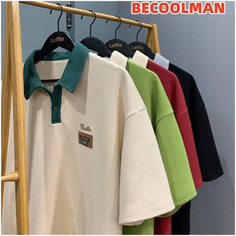 BECOOLMAN-วาฟเฟิล polo ชาย ฤดูร้อน แขนสั้น เสื้อท่อนบน ความรู้สึกของการออกแบบ คนส่วนน้อย เสื้อยืด