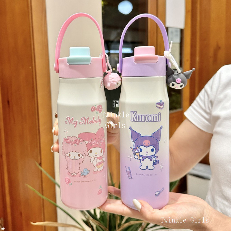 ของแท้ Kuromi Cinnamoroll 730ml ขวดน้ําความจุขนาดใหญ่พร้อมที่จับสําหรับเด็กหญิง 316 แก้วน้ําสแตนเลสพร้อมฟาง My Melody ฉนวนกระติกน้ําร้อนถ้วยสาวของขวัญ