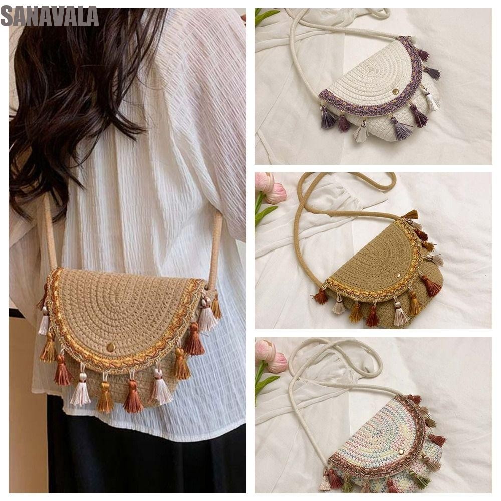 SANAVALA ฟางพู่กระเป๋าสะพายข้าง ออกแบบสไตล์ชาติพันธุ์เรโทร โพลีเอสเตอร์สำหรับวันหยุดชายหาดในฤดูร้อน