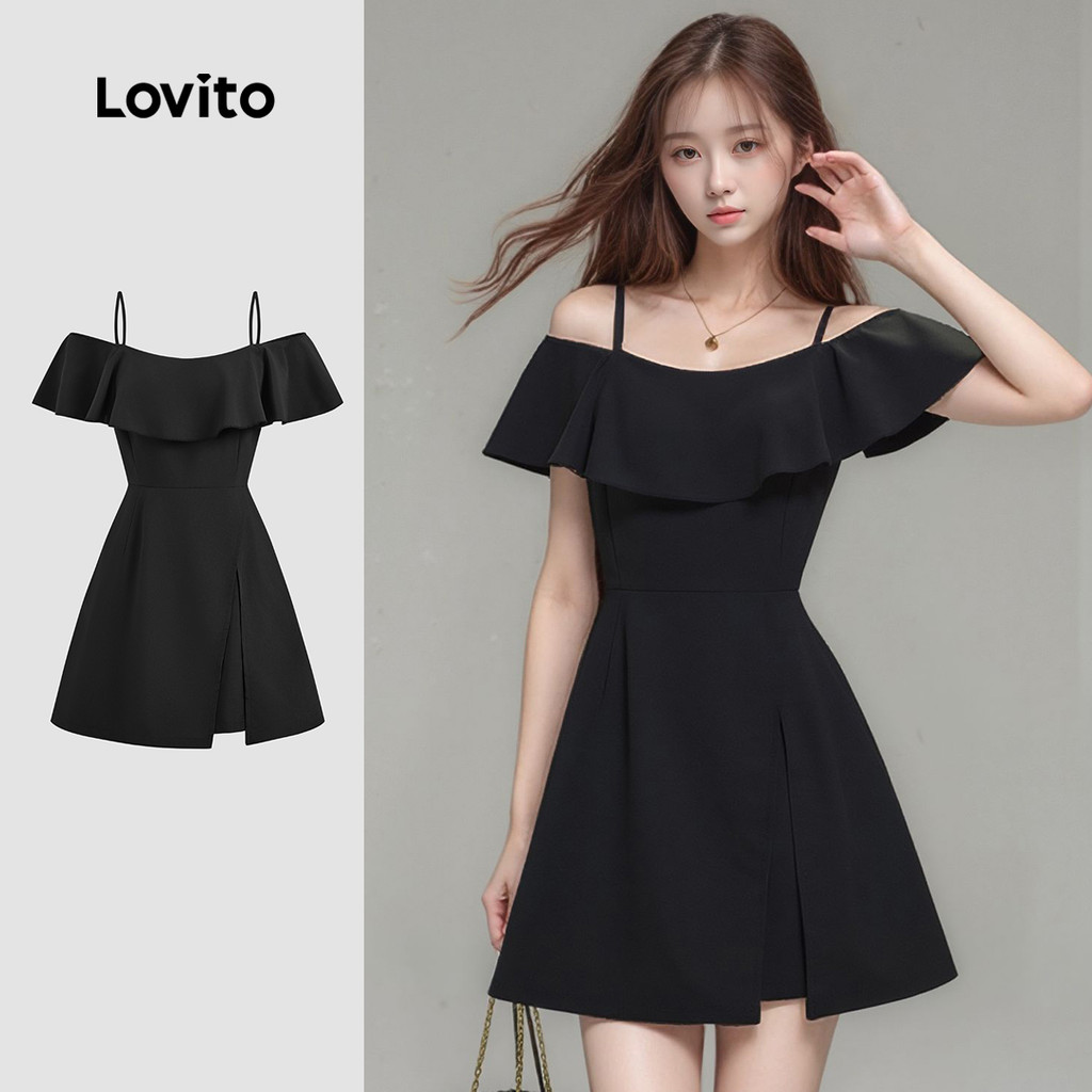 (New) Lovito ชุดจั๊มป์สูทแบบสบายๆ ชั้นสองแต่งระบายสำหรับผู้หญิง สีดำ ลายสำหรับฤดูใบไม้ผลิ/ฤดูร้อน L149ED109