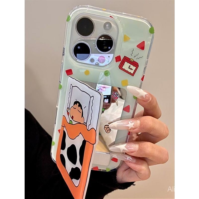 เคสโทรศัพท์เหมาะสําหรับiPhone 7 8 X XS XR XSmax 11 12 13 14 15 16 Pro max Plus Sleeping Shin-ChanกระจกซิลิโคนShock-resistant Shock-proofป้องกันกรณีQDUK