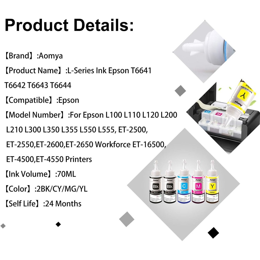 Aomya 664 หมึกเติมขวด T664 เปลี่ยนหมึกสําหรับ ET-2650 ET-2500 ET-2550 ET-2600 ET-16500 ET-4500 ET-45
