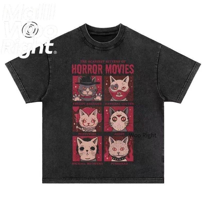 (จัดส่งตลอด 24 ชั่วโมง)Woo Right 2025 ฤดูร้อนใหม่ฟอกเสื้อยืดคอกลม "HORROR MOVIES" พิมพ์เสื้อหลวม ๆ ว