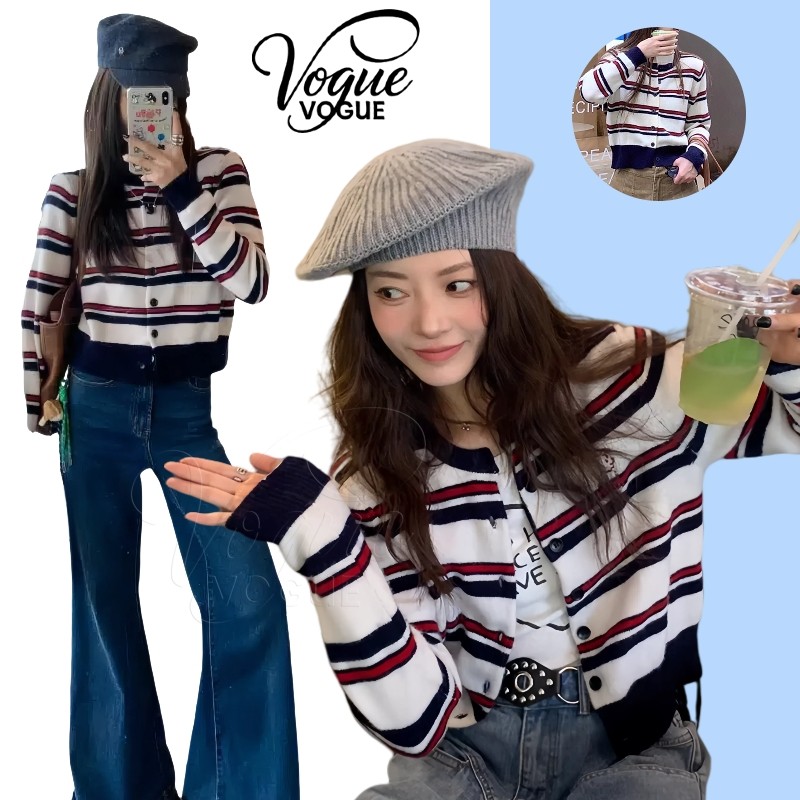 Vogue🌟พร้อมส่ง🌟 เสื้อไหมพรมแขนยาว คอกลม แต่งลายทาง ผ้านุ่มนิ่มใส่สบาย (Z-ZZ10)