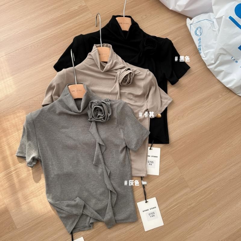 เสื้อยืดคอสูงแขนสั้น สไตล์ใหม่ ออกแบบทันสมัย เอวกระชับ