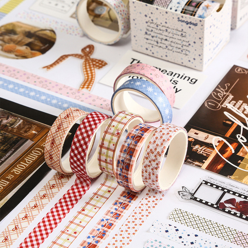 5 ม้วนชนิดบรรจุกล่องรูปแบบต่างๆเรขาคณิต Grip Theme Washi Masking Tapes วรรณกรรมสมุดภาพ Deco DIY สติกเกอร์เทป