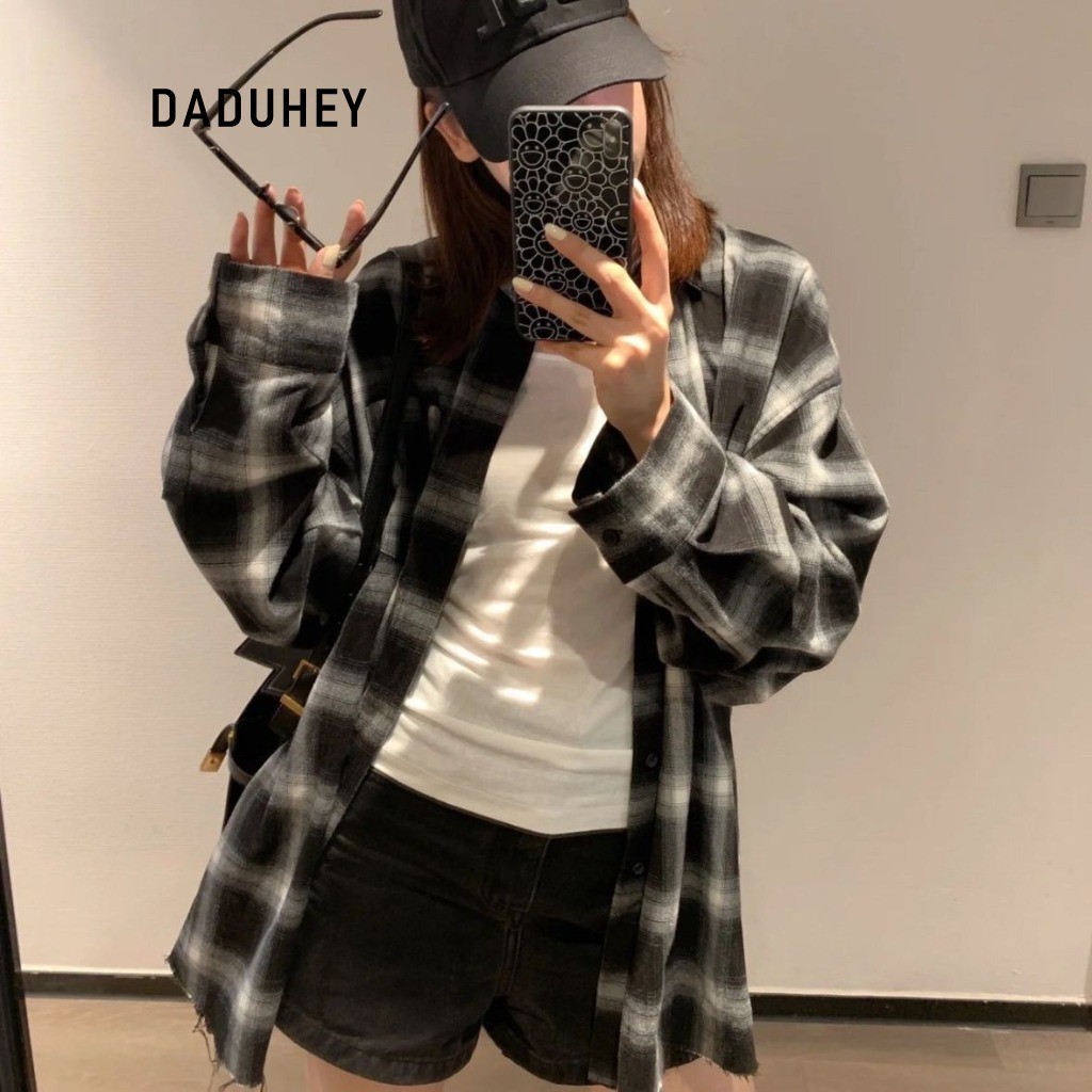 DaDuHey Sun Protection Plaid Shirt for Women Hong Kong Style Classic Black and White Plaid Loose Long Sleeve Top