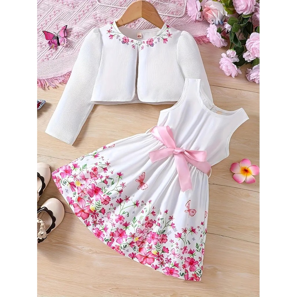 ส่งจากไทย ชุดเซ็ทเด็กผู้หญิง 2-8 ปี เสื้อแขนยาวสีขาว กระโปรงลายผีเสื้อбезแขน ชุดเด็ก แฟชั่นเด็ก ชุดสวย งานเลี้ยง วันเกิด ตรุษไทย