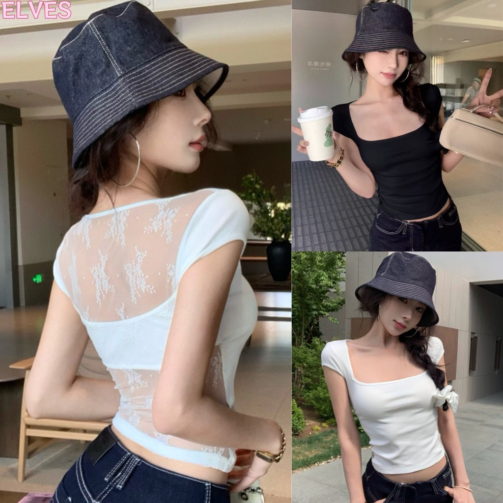 Elves พร้อมส่ง เสื้อยืดครอปแขนสั้น ดีเทลซีทรูลูกไม้ น่ารักไม่ไหวสีพื้น ใส่สบายมาก เซ็กซี่ เสื้อผ้าแฟชั่นผู้หญิง"FYA17"