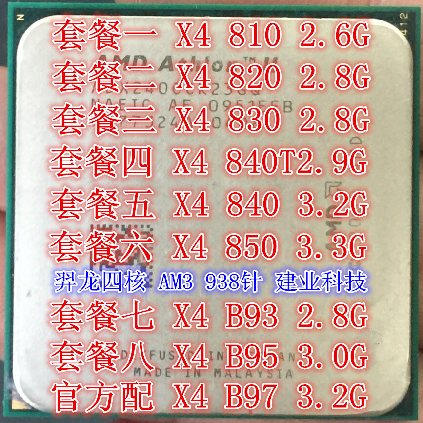 AMD Yilong II X4 810 820 830 840T 850 B93 B95 B97 AM3 CPU Quad Core