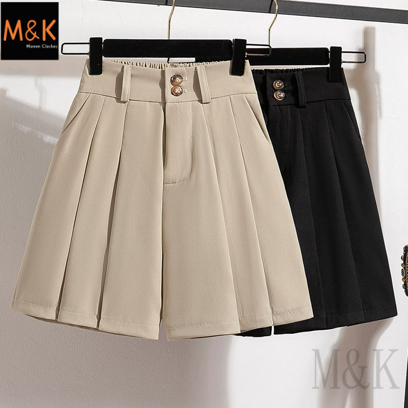 M & K Plus กางเกงขาสั้นผู้หญิงทรงกระบอกเพื่อน้องสาว เอวสูงและขากว้าง ดีไซน์ A-line สบายๆ ในหน้าร้อน