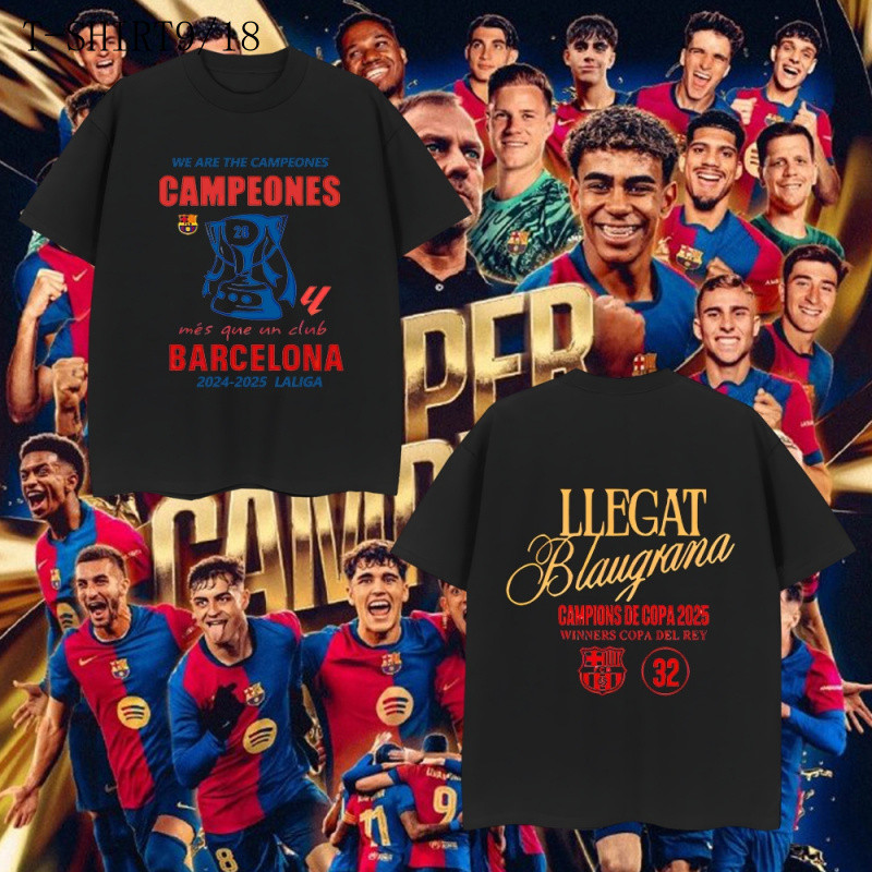 ((Barcelona 2025 Championship) เสื้อยืดผ้าBreathable สำหรับผู้ชายและผู้หญิง พิมพ์ลายที่ระลึก FC Barc