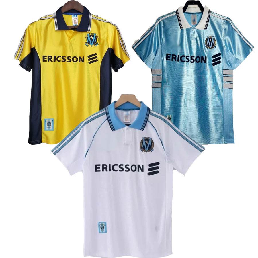เสื้อฟุตบอลยีนส์วินเทจ Retro collar ลาย Olympique de Marseille สีขาว สามารถกำหนดชื่อและหมายเลขได้เอง