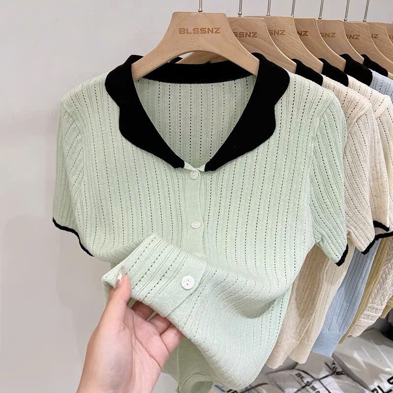 E1 mongtoghi เสื้อถักคอโปโลกลวงสําหรับผู้หญิงสไตล์ใหม่ฝรั่งเศสพื้นฐานเรียบง่ายสวมใส่ง่ายหรูหรา L132 