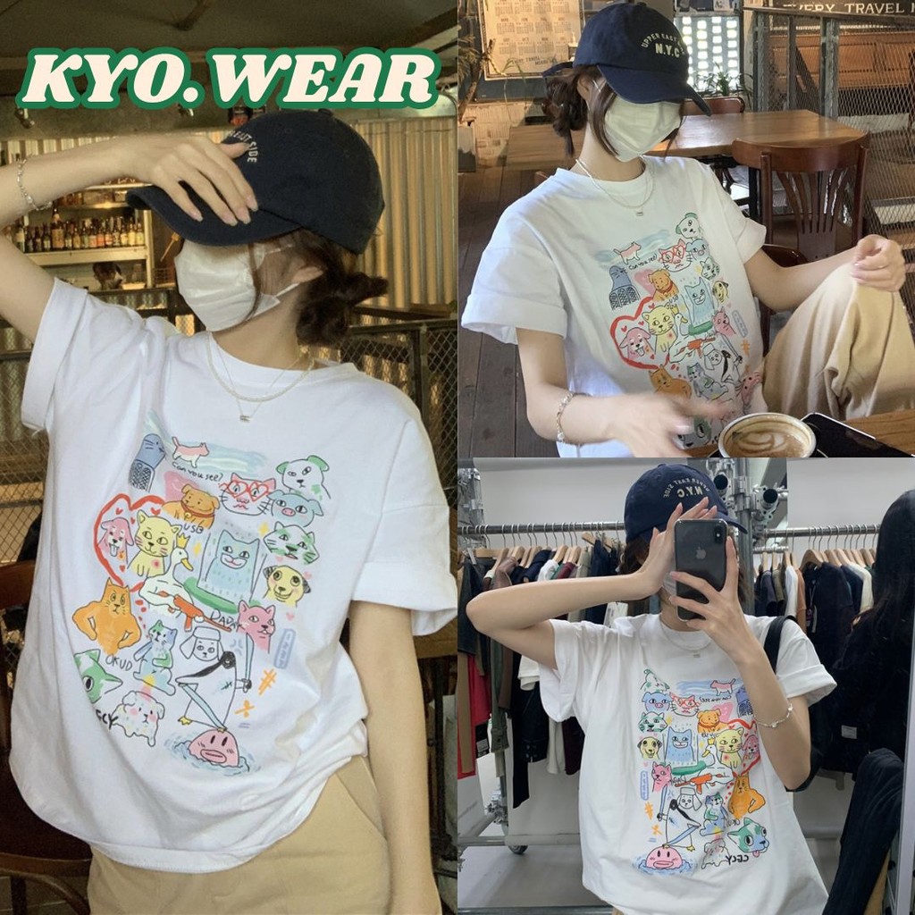KYO เกาหลีสไตล์ ผู้หญิง เสื้อยืด OVERSIZE COTTON 100% โคตรนุ่ม "CAT" พิมพ์ลาย ใส่ได้ทุกโอกาส ส่งจากไทย