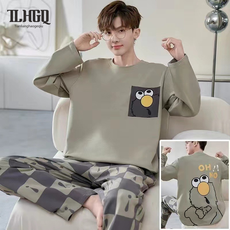 TLHGQ (มี 20 ลาย) ชุดนอนแขนยาวสำหรับผู้ชาย ทำจากผ้าไหมนม ดีไซน์การ์ตูน สบายๆ ในบ้าน มีหลายสีให้เลือก