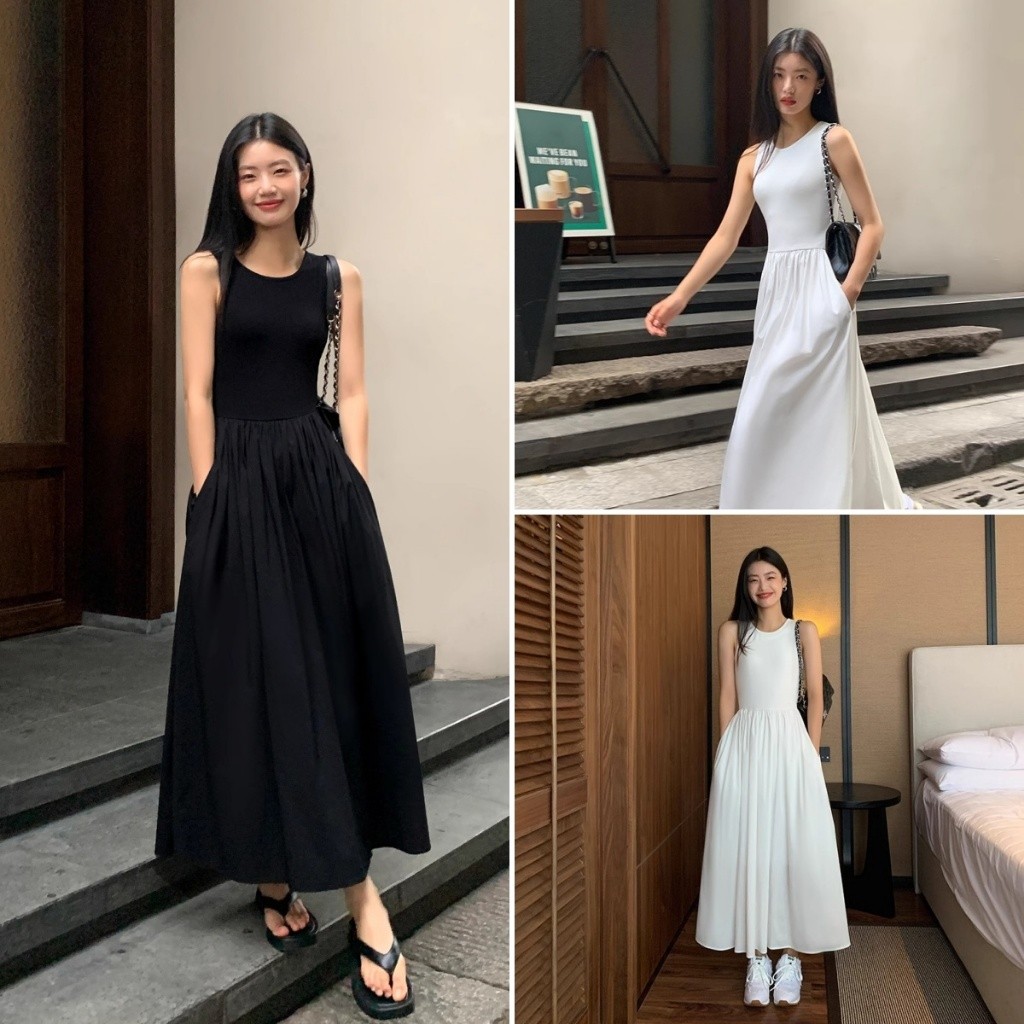 Hotgirl พร้อมส่ง เดรสแฟชั่นผู้หญิง เดรสยาว ซัมเมอร์แขนกุดทรงสลิมฟิต สไตล์เรียบง่ายสบายๆ ของเกาหลี สีทึบ