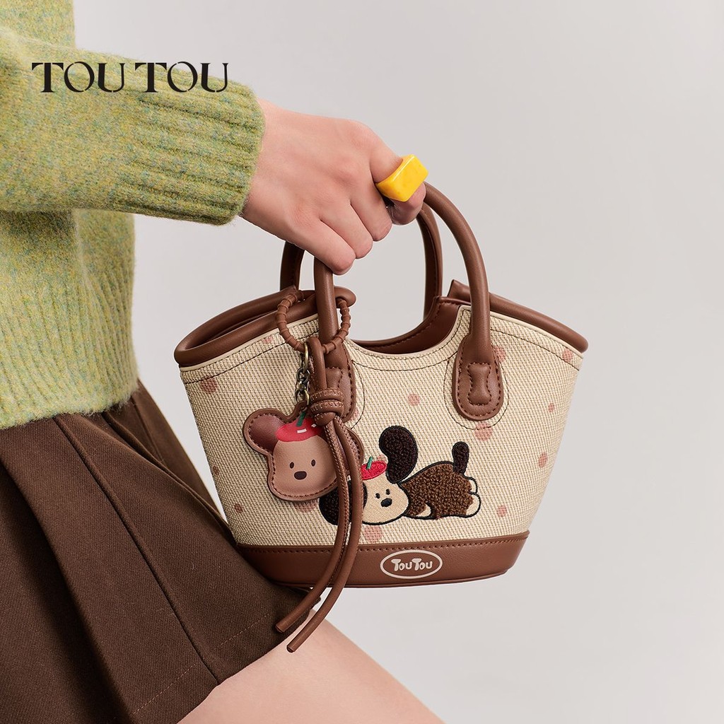กระเป๋าถือ TOUTOU ดีไซน์น่ารัก มีลูกสุนัขเชอร์รี่ปักและลายจุดสีตัดกัน สำหรับใช้งานทั่วไป